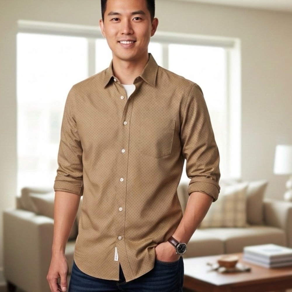 J. Crew Secret Wash Stretch Slim Fit Shirt Brown/Blue Micro-Dot Men’s M